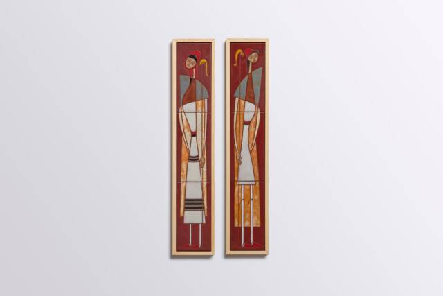 Set Of Two Minimal Painting Vintage Figures Handpainted On Ceramic Wall Art Hangings, Modern Ceramics Original Mid-Century Pottery Design - image 1