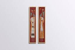 Set Of Two Minimal Painting Vintage Figures Handpainted On Ceramic Wall Art Hangings, Modern Ceramics Original Mid-Century Pottery Design - thumbnail 1
