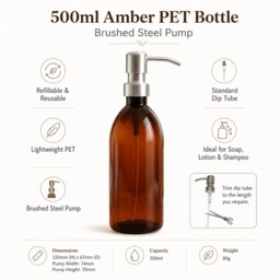 Refillable Brown Plastic Bottles Soap Dispenser - Lightweight Silver Brushed Steel Pump On Trend Bathroom Accessory Sold Empty - thumbnail 2