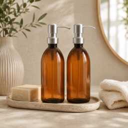 Refillable Brown Plastic Bottles Soap Dispenser - Lightweight Silver Brushed Steel Pump On Trend Bathroom Accessory Sold Empty - thumbnail 1