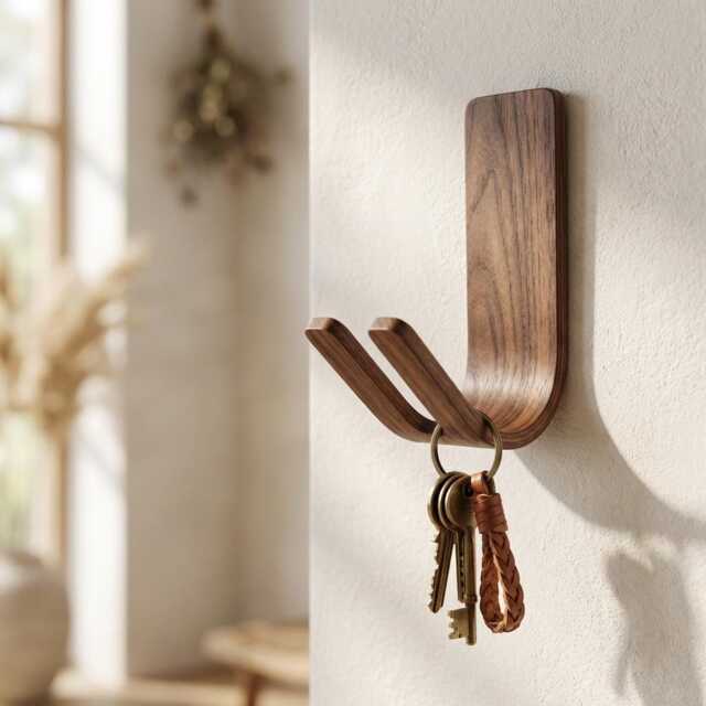 Key Hooks - Walnut Adhesive Holder For Wall Dog Leash Hook Entryway Organizer Necklace - image 1