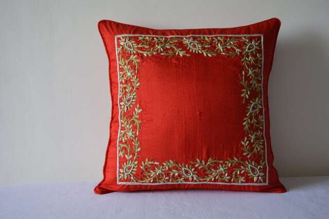 Hand Embroidered Zardozi Cushion Cover, Red & Gold, Raw Silk Pillow - image 1