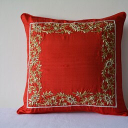 Hand Embroidered Zardozi Cushion Cover, Red & Gold, Raw Silk Pillow - thumbnail 4