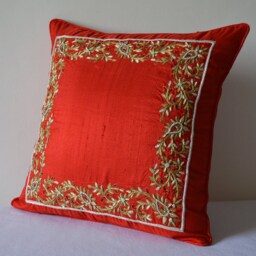 Hand Embroidered Zardozi Cushion Cover, Red & Gold, Raw Silk Pillow - thumbnail 2