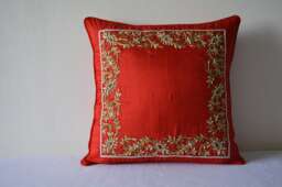 Hand Embroidered Zardozi Cushion Cover, Red & Gold, Raw Silk Pillow - thumbnail 1