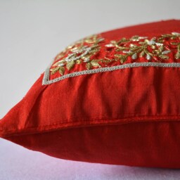Hand Embroidered Zardozi Cushion Cover, Red & Gold, Raw Silk Pillow - thumbnail 3