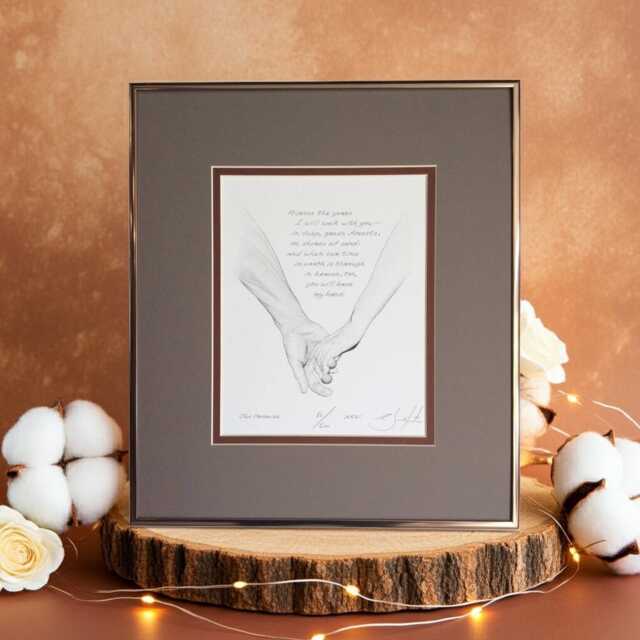 The Promise Quill Pen Dot Drawing Art Print Holding Hands, Framed, Signed & Numbered - image 1