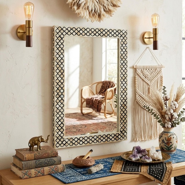 Handmade Black & White Bone Inlay Moroccan Trellis Rectangular Mirror - image 1