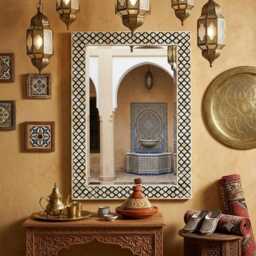 Handmade Black & White Bone Inlay Moroccan Trellis Rectangular Mirror - thumbnail 2