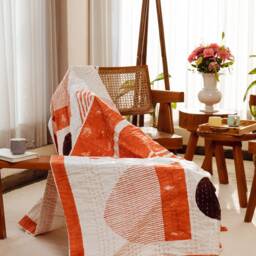 Handmade Linen Kantha Throw Blanket Bauhaus Block Print - thumbnail 3