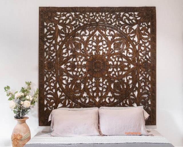 Hand Carved Moroccan Floral Wall Hanging Panel Statement Boho King Headboard D??cor Large Wood Art Decorative Panels - image 1