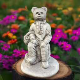 Concrete Bear Statue Sitting On Stump With Basket Stone Animal Figurine Forest Garden Sculpture Cement Woodland Decor Outdoor Yard Ornament - thumbnail 1