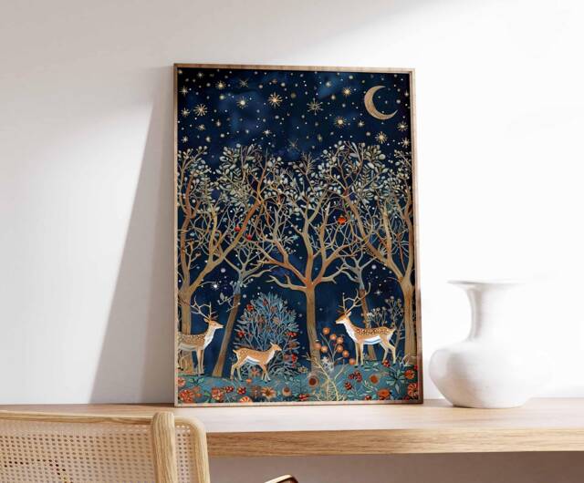 Christmas Poster, Wall Art, Festive Decor, Winter Reindeer Print, Snow Tree Art - image 1