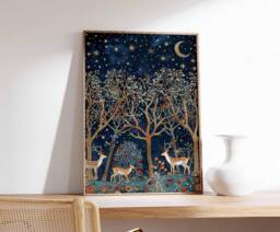 Christmas Poster, Wall Art, Festive Decor, Winter Reindeer Print, Snow Tree Art - thumbnail 1