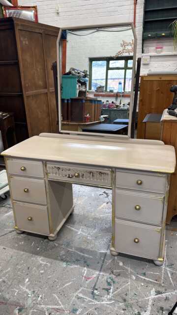 Vintage Old Charm Linenfold Dressing Table With Mirror Restored & Painted Cream Gold Leaf - image 1