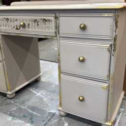 Vintage Old Charm Linenfold Dressing Table With Mirror Restored & Painted Cream Gold Leaf - thumbnail 2