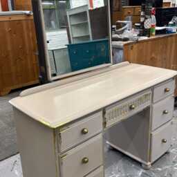 Vintage Old Charm Linenfold Dressing Table With Mirror Restored & Painted Cream Gold Leaf - thumbnail 3
