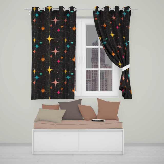 Abstract Night Sky Starburst Lines Atomic Mid Century Seamless Pattern Readymade Eyelet Ring Top Thermal 100% Blackout Curtains - image 1