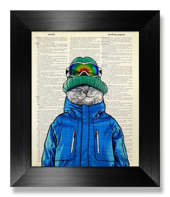Tabby Cat Art, Kid Bedroom Decor, Winter Print, Cat Painting, Dorm Room Boy Bedroom Wall Animal Decoration, Snow Ski Jacket