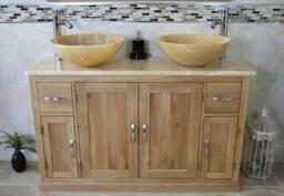Oak Bathroom Vanity Cabinet Double Twin Sink Bowl Basin & Golden Onyx Unit 402Go25Go