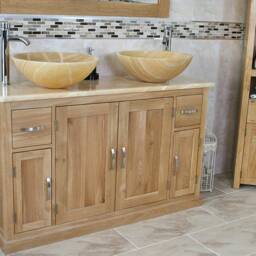 Oak Bathroom Vanity Cabinet Double Twin Sink Bowl Basin & Golden Onyx Unit 402Go25Go - thumbnail 3