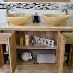 Oak Bathroom Vanity Cabinet Double Twin Sink Bowl Basin & Golden Onyx Unit 402Go25Go - thumbnail 2