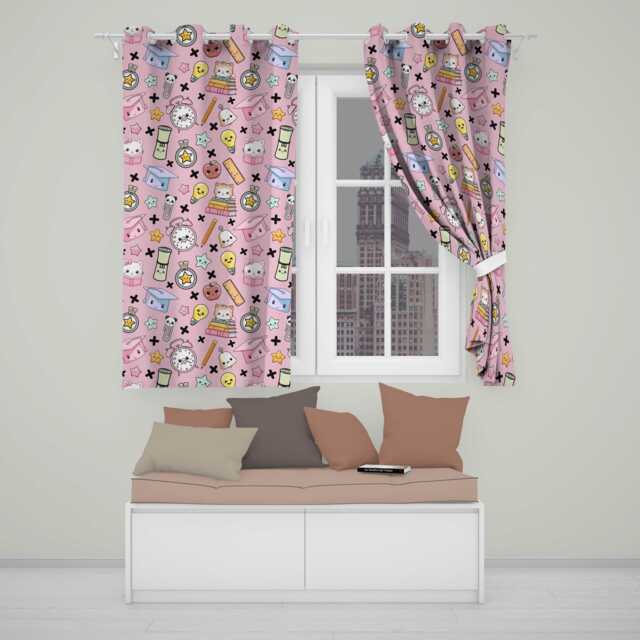 Cute Kawaii School Supplies Pink Background Seamless Pattern Readymade Eyelet Ring Top Thermal 100% Blackout Curtains - image 1
