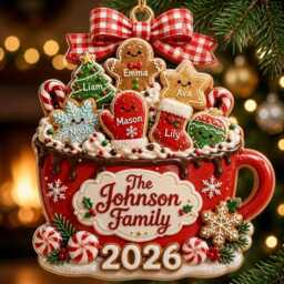 Personalized Family Christmas Ornament 3D, Custom Hot Cocoa Mug Gingerbread Cookies, Holiday Keepsake Gift, Engraved Name Bauble 2026