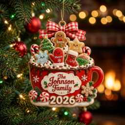 Personalized Family Christmas Ornament 3D, Custom Hot Cocoa Mug Gingerbread Cookies, Holiday Keepsake Gift, Engraved Name Bauble 2026 - thumbnail 3