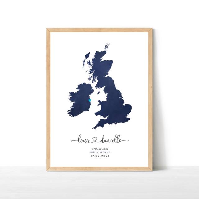 Engagement Gift Map Print, Personalised Gift, Destination Travel Map, Watercolour Wedding UK Print - image 1