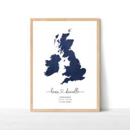 Engagement Gift Map Print, Personalised Gift, Destination Travel Map, Watercolour Wedding UK Print - thumbnail 1