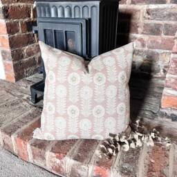 1555. Flora Blush Block Print Linen Look 100% Cotton Cushion Cover - thumbnail 1