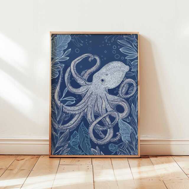 Octopus Wall Art Print Navy Blue Ocean Animal Poster Coastal Sea Life Illustration Marine Bathroom Decor Unframed Nautical Design - image 1