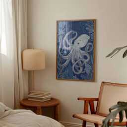 Octopus Wall Art Print Navy Blue Ocean Animal Poster Coastal Sea Life Illustration Marine Bathroom Decor Unframed Nautical Design - thumbnail 3