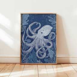 Octopus Wall Art Print Navy Blue Ocean Animal Poster Coastal Sea Life Illustration Marine Bathroom Decor Unframed Nautical Design - thumbnail 1