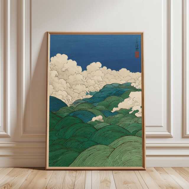 Blue Green Landscape Poster - Japanese Style Hills & Clouds Vertical Nature Wall Art - image 1