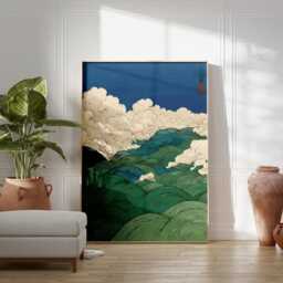 Blue Green Landscape Poster - Japanese Style Hills & Clouds Vertical Nature Wall Art - thumbnail 3