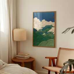 Blue Green Landscape Poster - Japanese Style Hills & Clouds Vertical Nature Wall Art - thumbnail 2