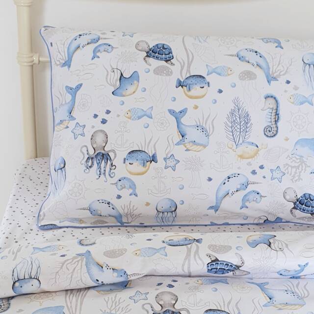 Sea Life Single Bedding Set Boys , Ocean Bedding, Kids Room Decor Pure Cotton Blue - image 1