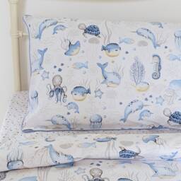 Sea Life Single Bedding Set Boys , Ocean Bedding, Kids Room Decor Pure Cotton Blue - thumbnail 1