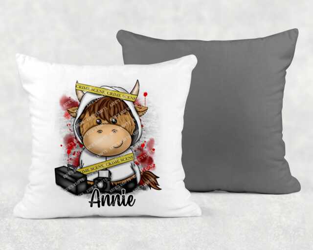 Personalised Highland Cow Crime Scene Cushion, Funny Birthday Gift - image 1