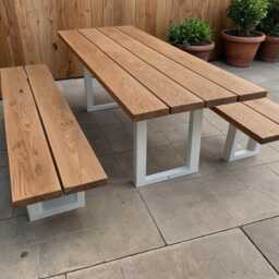 Solid Wood Outdoor Garden Table in Oak & Walnut, Wooden With Metal Frame, Made To Measure, Customizable, Modern, Dining - thumbnail 2