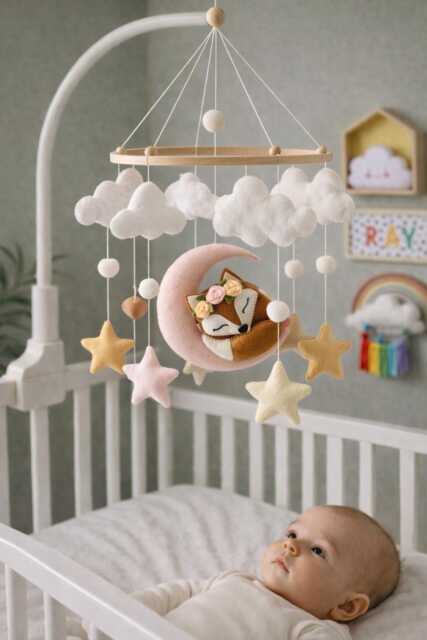 Felt Fox Moon Baby Mobile Boho Nursery Decor, Girl Gift - image 1