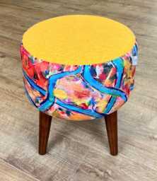 Blue River Velvet & Yellow Harris Tweed Round Footstool