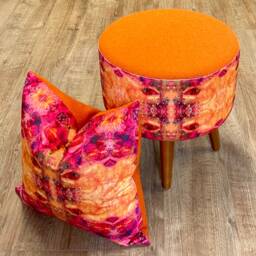 Blue River Velvet & Yellow Harris Tweed Round Footstool - thumbnail 4
