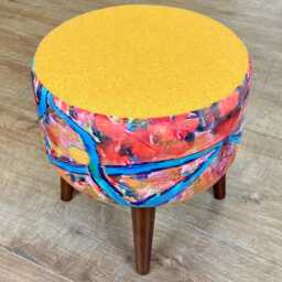 Blue River Velvet & Yellow Harris Tweed Round Footstool - thumbnail 3