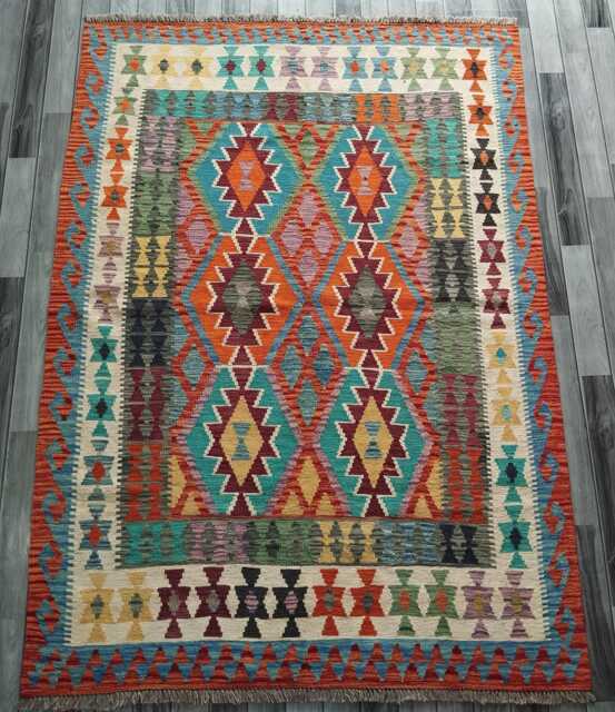 Kilim Rug Multicolour, Handmade Artisan Afghan Turkish, Scandinavian, Navajo, Bohemian Flatweave, Natural Wool 210x154 cm - image 1