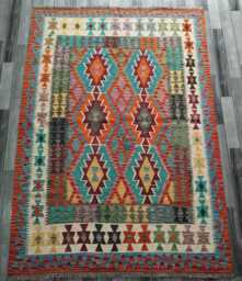 Kilim Rug Multicolour, Handmade Artisan Afghan Turkish, Scandinavian, Navajo, Bohemian Flatweave, Natural Wool 210x154 cm - thumbnail 1