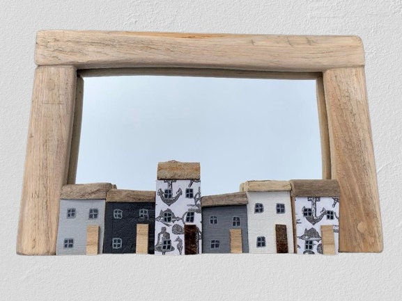Handmade Nautical Driftwood Mirror With Handpainted Houses