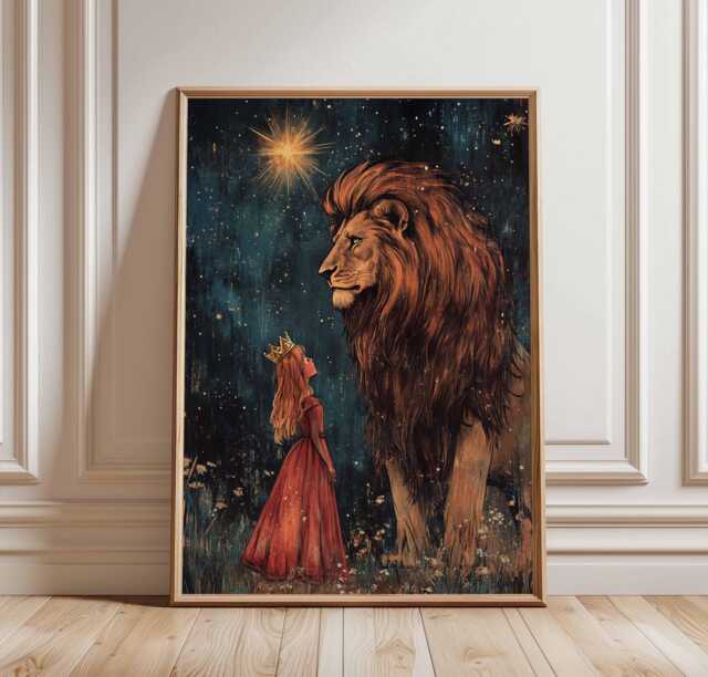 Lion & Princess Poster, Fantasy Art Print, Magical Kingdom Art, Girl Wall Decor, Fairytale Animal - image 1